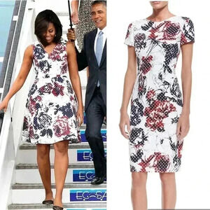 Carolina Herrera Sheath Dress 2 Rose Dot Michelle Obama Red Navy White Floral
